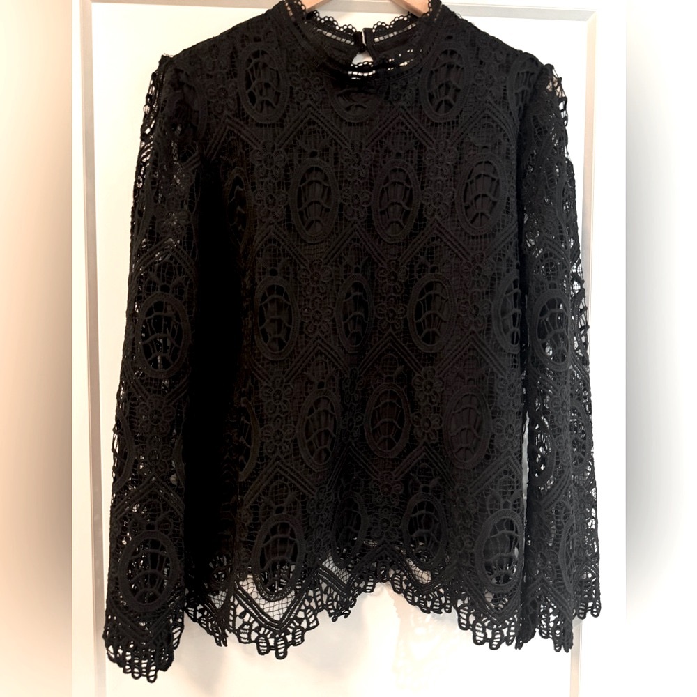 Ultra Pink Black Crochet Long Sleeve Blouse